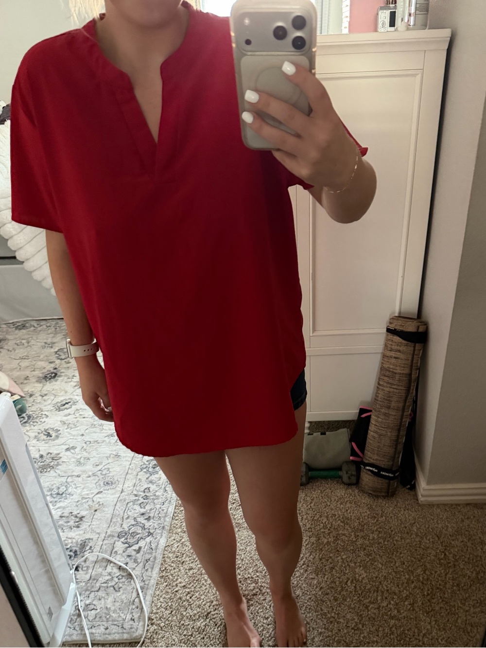 Casual Red Split-Neck Tunic Top